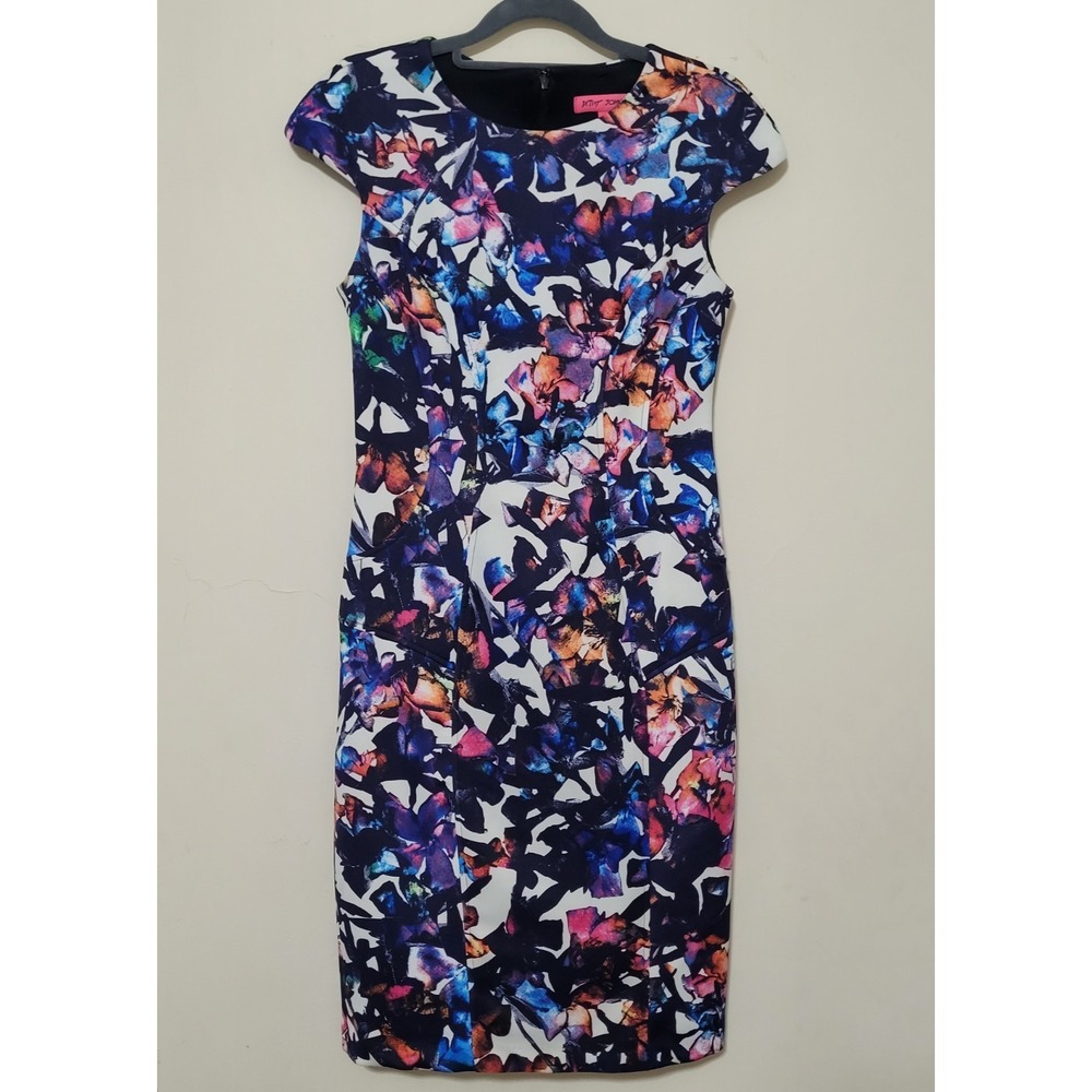 Betsey Johnson Womens Scuba Dress Size 2 Cap Sleeve Sheath Lined Floral Career